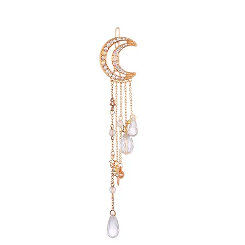 Horquilla de Luna de Aleación de Moda Diamantes de Imitación Fleco Cadena Larga Cristal Creciente Pasador Tocado Elegante Joyería de Fiesta para Mujer