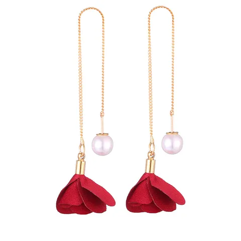 Alloy Artificial Pearl Long Tassel Drop Earrings Elegant Rose Flower Fabric Petal Ear Thread For Women Fashion Jewelry