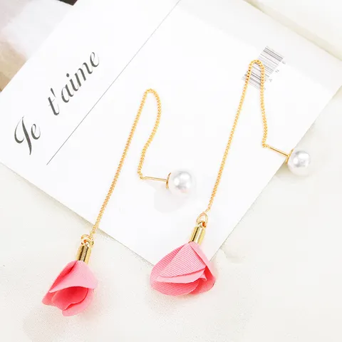 Alloy Artificial Pearl Long Tassel Drop Earrings Elegant Rose Flower Fabric Petal Ear Thread For Women Fashion Jewelry