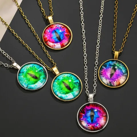 Fashion Alloy Eyeball Pendant Necklace European Gothic Cat Eye Pupil Time Gemstone Bronze Silver Chain Necklace Jewelry Gift For Men Women
