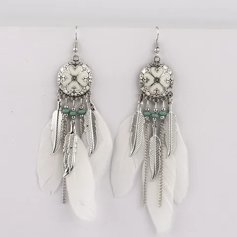 Vintage Ethnic Alloy Feather Tassel Drop Earrings For Women Bohemian Carved Round Disc Enamel Leaf Long Dangle Earrings Vacation Jewelry Gift