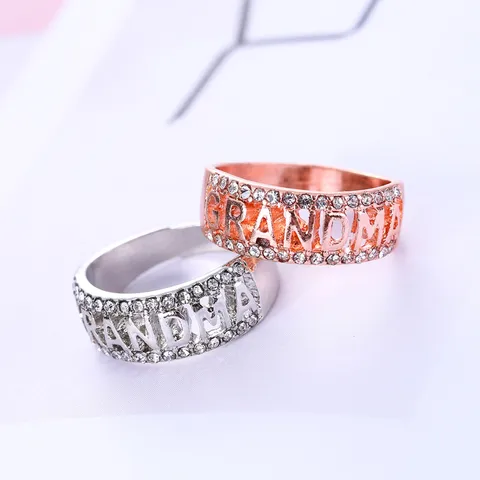 Mode Legering Strass GRANDMA Letter Ring Opengewerkte Kristallen Ringen Moederdag Cadeau Sieraden Voor Vrouwen