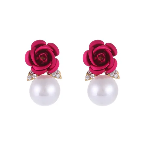 Legering Roos Bloem Oorknopjes Met Strass En Kunstparel Trendy Florale Oorbellen Voor Vrouwen Bruiloft Feest Sieraden