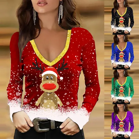 Γυναικείο T-shirt με V Λαιμόκοψη και Στάμπα Ελαφιού και Νιφάδας Χιονιού Χριστουγεννιάτικο Casual Slim Fit Pullover Top Χειμερινή Μόδα