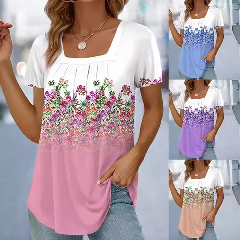 Camiseta de Manga Corta con Cuello Cuadrado de Moda para Mujer Casual Degradado Estampado Floral Corte Regular