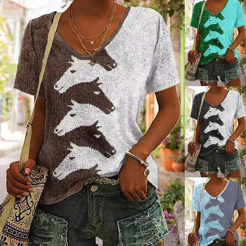 T Shirt Décontracté Col en V Manches Courtes pour Femmes Motif Tête de Cheval 3D Basique Été Ample Top Mode