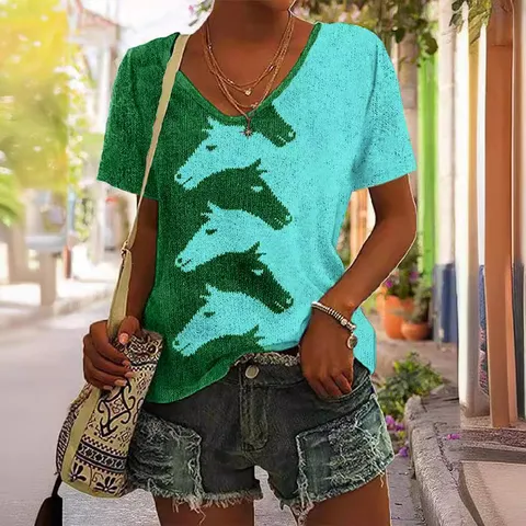 T Shirt Décontracté Col en V Manches Courtes pour Femmes Motif Tête de Cheval 3D Basique Été Ample Top Mode
