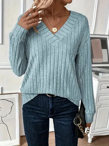 T-Shirt Tricoté Décontracté à Manches Longues et Col V Unie pour Femme Top Pull Ample Automne Hiver