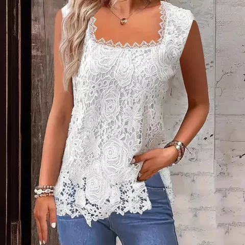Dames Casual Vierkante Hals Kant Tank Top Effen Kleur Mouwloos Basis Zomer Camisole Mode Elegante Kleding