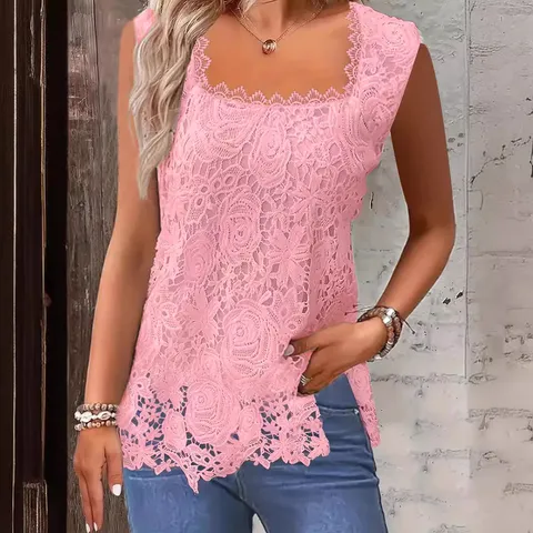 Dames Casual Vierkante Hals Kant Tank Top Effen Kleur Mouwloos Basis Zomer Camisole Mode Elegante Kleding