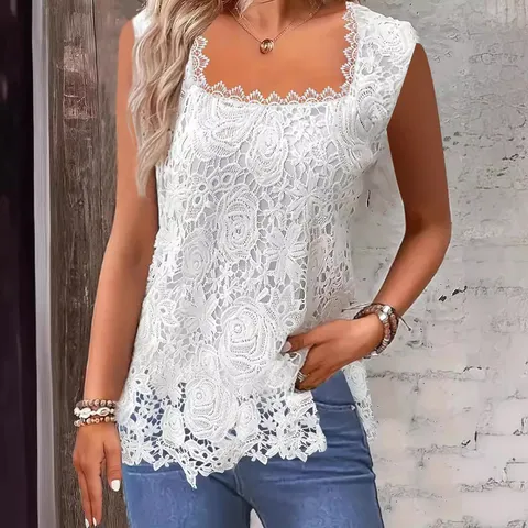 Women Casual Solid Color Square Neck Lace Sleeveless Tank Top Fashion Summer Basic Camisole Polyester Apparel