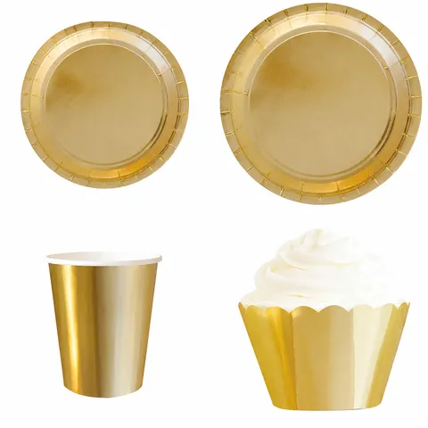 Gold Stamped Disposable Paper Plates Cups Straws Cake Wrappers Birthday Party Tableware Decorative Dinnerware Supplies