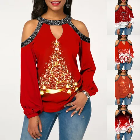 Women's Christmas Print Cold Shoulder Long Sleeve T-Shirt Sequin Splicing Casual Pullover Top