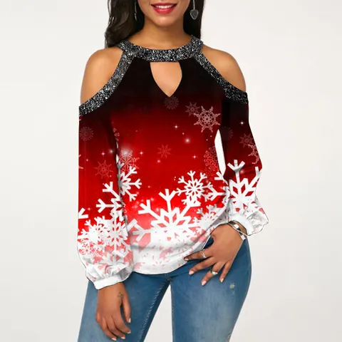 Women's Christmas Print Cold Shoulder Long Sleeve T-Shirt Sequin Splicing Casual Pullover Top