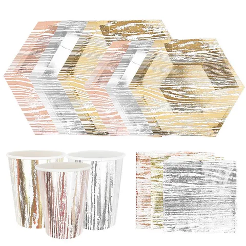 Set de Assiettes Gobelets Serviettes en Papier Jetable Grain de Bois Marquage à Chaud Vaisselle pour Fête d'Anniversaire Célébration
