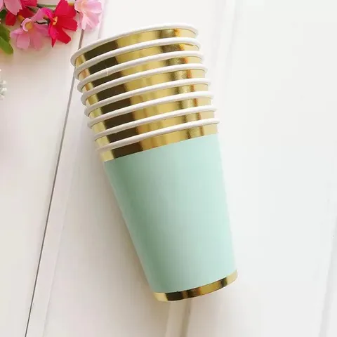 Mint Green Gold Foil Decagon Paper Plates Cups Straws Disposable Party Tableware Set For Birthday Wedding Celebration