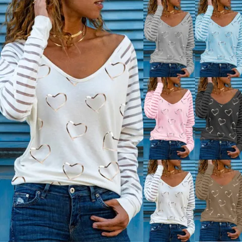 Dames Casual Katoenmix V-hals Lange Mouw Hartjesprint T-Shirt Slim Fit Basis Pullover Top