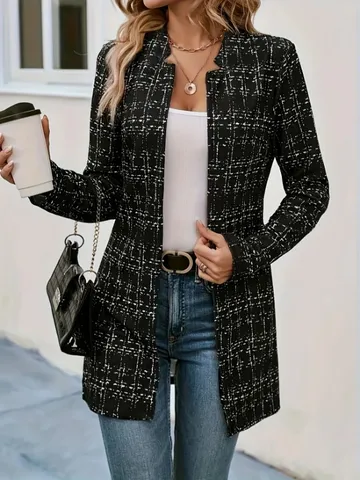 Women's Casual Long Plaid Cardigan Blazer Elegant Open Front Long Sleeve Suit Coat Spring Autumn Outerwear