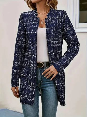 Women's Casual Long Plaid Cardigan Blazer Elegant Open Front Long Sleeve Suit Coat Spring Autumn Outerwear