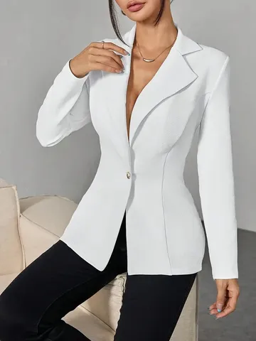 Damen Casual Pendler Revers Ein Knopf Einfarbig Blazer Anzugjacke Langarm Regular Fit Büro Oberbekleidung