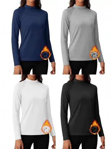 Camiseta Térmica de Manga Larga con Cuello Alto y Corte Entallado para Mujer Invierno Cálido Básico Color Sólido Top