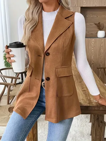 Damen Lange Umlegekragen Weste Herbst Winter Elegantes Pendeln Schlichte Geknöpfte Taschen Oberbekleidung