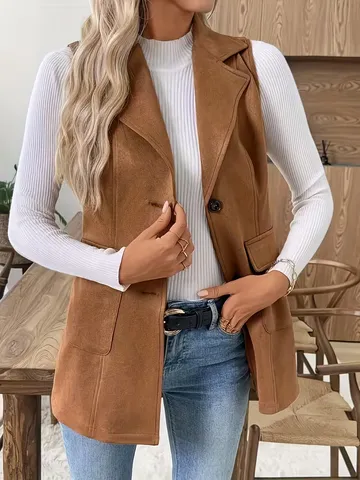 Damen Lange Umlegekragen Weste Herbst Winter Elegantes Pendeln Schlichte Geknöpfte Taschen Oberbekleidung