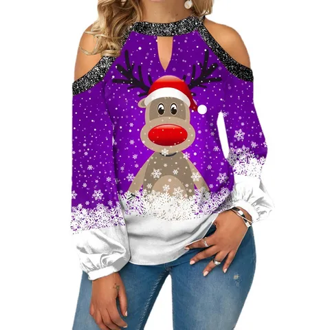 Women's Christmas Elk Print Cold Shoulder Long Lantern Sleeve Crew Neck Casual Pullover T-Shirt Top