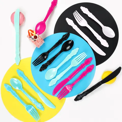 Set de Cubiertos Desechables de Plástico Cuchillo Tenedor Cuchara Servilleta Relieve Retro para Fiesta Boda Cumpleaños
