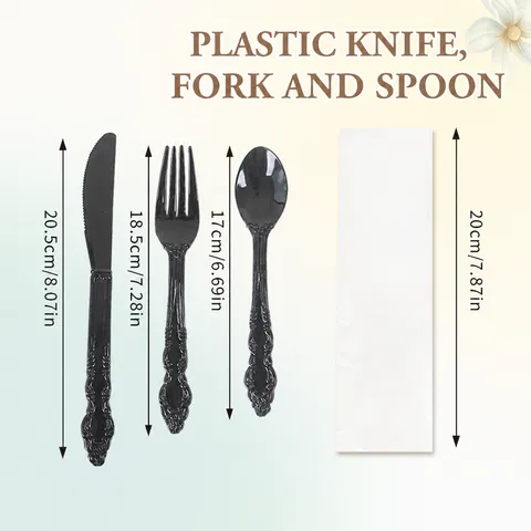 Set de Cubiertos Desechables de Plástico Cuchillo Tenedor Cuchara Servilleta Relieve Retro para Fiesta Boda Cumpleaños