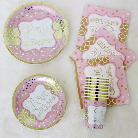 Pink Gold Love Letter Disposable Paper Plates Cups Napkins Party Tableware Set Birthday Party Wedding Table Decorations