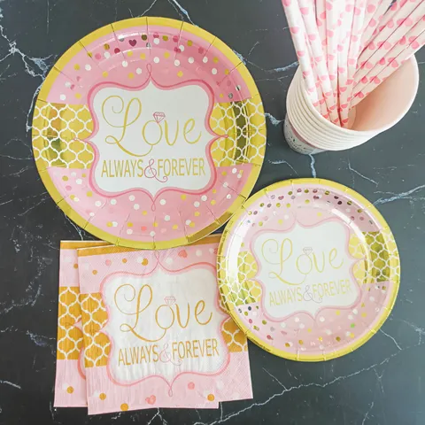 Pink Gold Love Letter Disposable Paper Plates Cups Napkins Party Tableware Set Birthday Party Wedding Table Decorations
