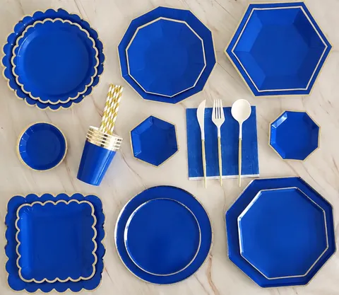 Azul Real Lámina de Oro Feliz Cumpleaños Vajilla Desechable de Papel Platos Vasos Pajitas Artículos de Fiesta