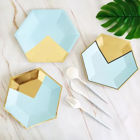 Blue Hexagonal Gold Foil Paper Plates Cups Straws Disposable Tableware Set For Party Picnic Eco Friendly