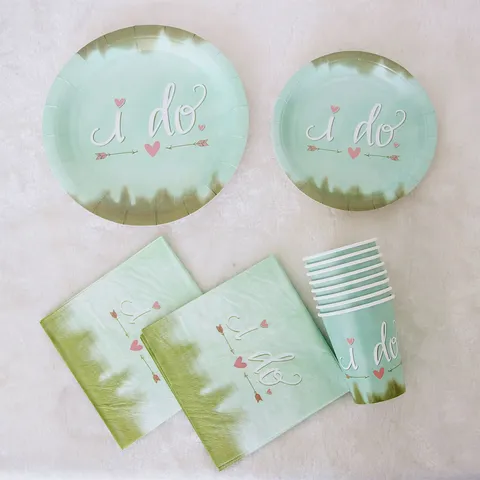 Groene I Do Letter Patroon Papieren Borden Bekers Serviezen Wegwerpservies Kinder Verjaardag Feest Huwelijk Decoratie