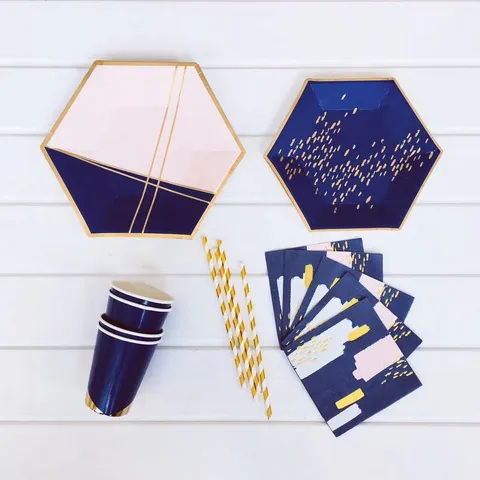 Assiettes en Papier Jetables Hexagonales Rose Bleu Ensemble de Vaisselle Fournitures de Fête d'Anniversaire