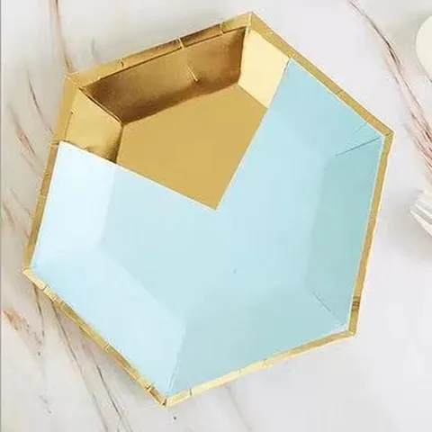 Blue Hexagonal Gold Foil Paper Plates Cups Straws Disposable Tableware Set For Party Picnic Eco Friendly