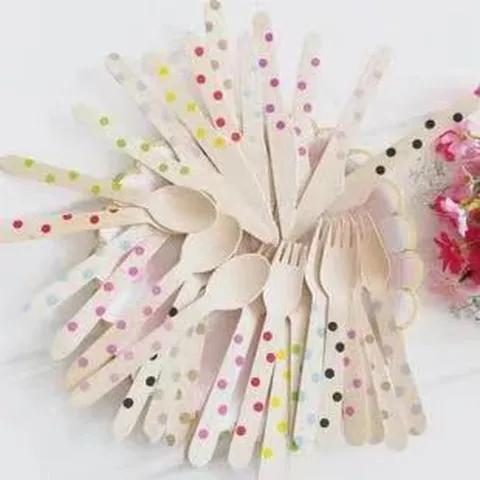 Ensemble de Couverts Jetables en Bois Pois Fête Fourchette Cuillère Couteau Anniversaire Enfant