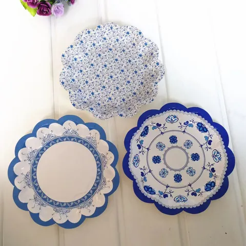 Vintage Chinese Stijl Blauw Wit Porselein Papieren Borden Wegwerp Bloemen Kant Diner Borden Voor Feest Huwelijk