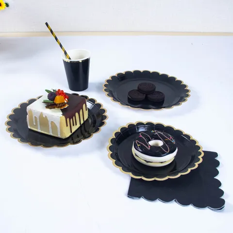 Black Gold Foil Disposable Paper Plates Cups Napkins Set Birthday Party Tableware