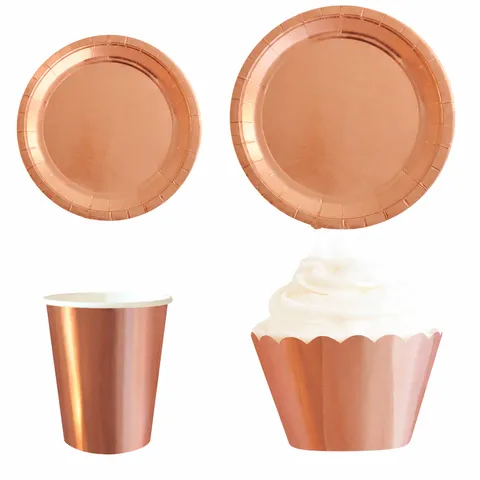 Set di Stoviglie Monouso in Carta Oro Rosa Forniture per Feste Piatti Bicchieri Cannucce per Compleanno Matrimonio