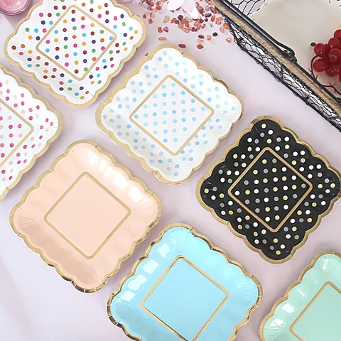 Disposable Square Paper Plates With Gold Foil Polka Dot Design For Birthday Party Cake Dessert Serving Tableware