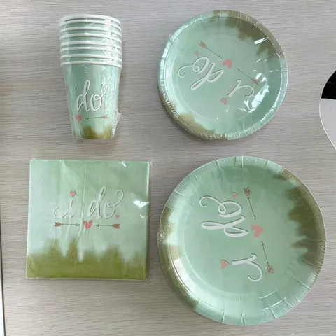Groene I Do Letter Patroon Papieren Borden Bekers Serviezen Wegwerpservies Kinder Verjaardag Feest Huwelijk Decoratie