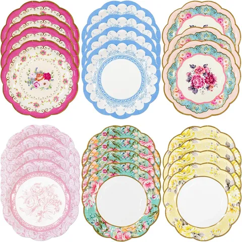 Retro Floral Disposable Paper Plates Gold Trim Chinese Style Dinnerware Party Tableware For Wedding Birthday Celebration