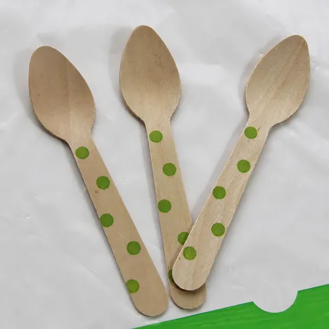 Wegwerp Houten Lepel Polka Dot Bedrukt Dessertlepel Milieuvriendelijk Houten Bestek Voor Bruiloft Verjaardag Feest