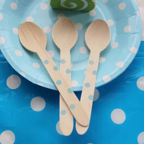 Cuillère en Bois Jetable Imprimé Pois Cuillère à Dessert Couverts en Bois Écologiques Pour Mariage Fête Anniversaire