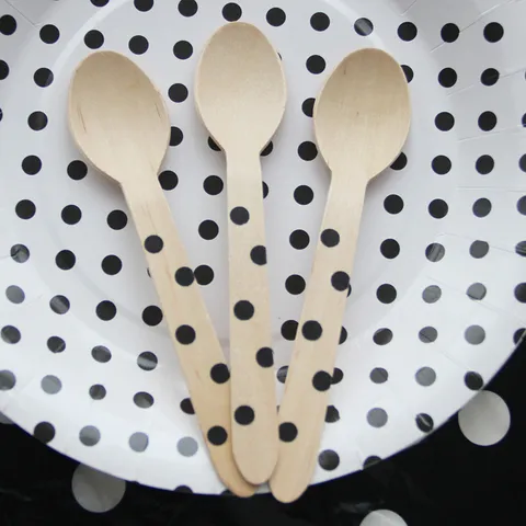 Cuillère en Bois Jetable Imprimé Pois Cuillère à Dessert Couverts en Bois Écologiques Pour Mariage Fête Anniversaire