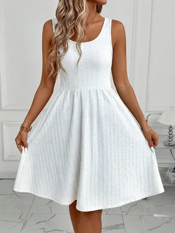 Women's Sleeveless Pleated Midi Dress Solid Color U-Neck A-Line Summer Casual Polyester Blend Tank Dress For Vacation Daily Wear