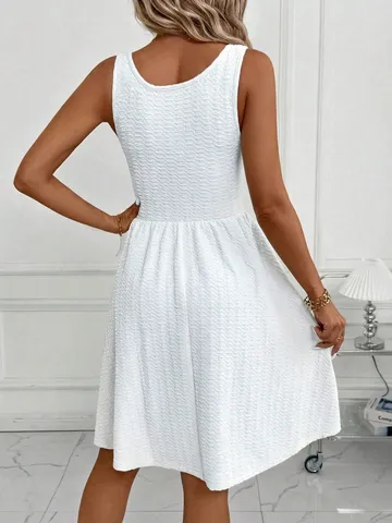 Women's Sleeveless Pleated Midi Dress Solid Color U-Neck A-Line Summer Casual Polyester Blend Tank Dress For Vacation Daily Wear