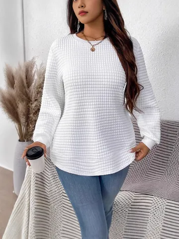 Γυναικείο Casual Φούτερ Pullover Υφή Βάφλας Τετράγωνο Πλέγμα Μονόχρωμο Μακρύ Μανίκι Στρογγυλή Λαιμόκοψη Χαλαρό Πλεκτό Πολυεστερικό Top